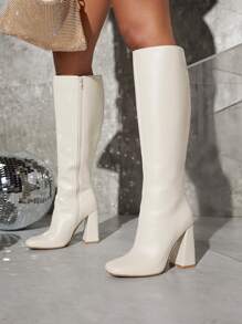 SHUZIA Botas con cremallera lateral y tacón grueso minimalista para mujer - Regalos de Año Nuevo, Día de San Valentín, Zapatos de verano - Beis - Ver 4