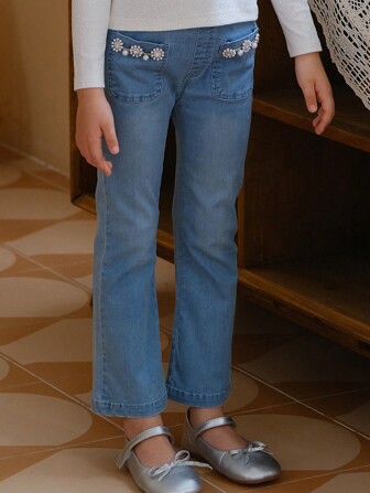 Chica Joven Jeans de pierna amplia con perla embellecido