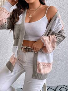 Calvaya Plus Color Block Drop Shoulder Pointelle Knit Duster Cardigan