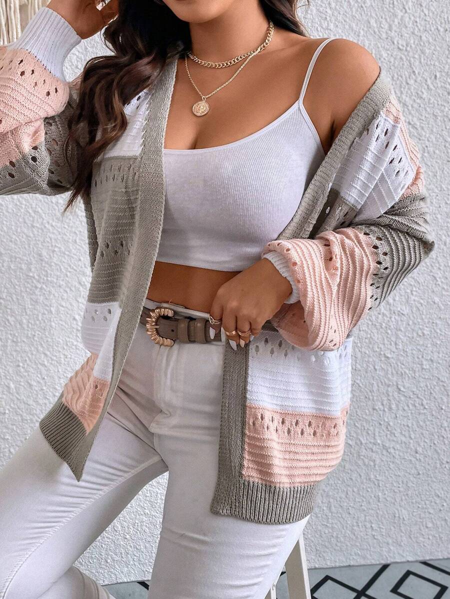 Calvaya Plus Color Block Drop Shoulder Pointelle Knit Duster Cardigan