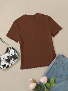 SHEIN Essnce Plus Size Women's Solid Color Round Neck Short Sleeve Ribbed Casual T-Shirt - Coffee Brown - View 1