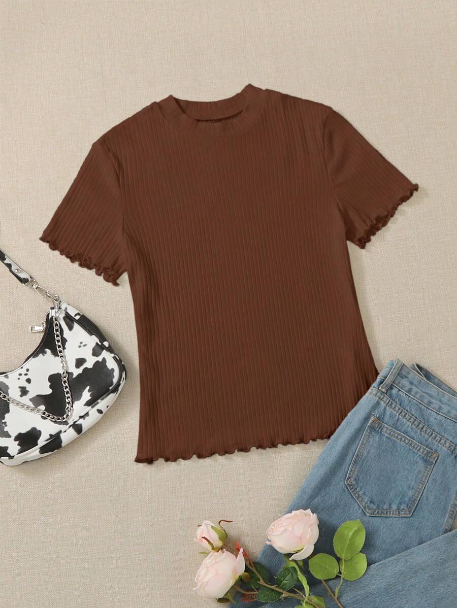 SHEIN Essnce Plus Size Women's Solid Color Round Neck Short Sleeve Ribbed Casual T-Shirt - Coffee Brown - View 1