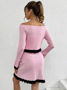 SHEIN Qutie Contrast Trim Off Shoulder Cardigan & Knit Skirt - Pink - View 2