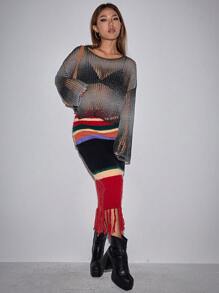 Flirla Hollow Out Drop Shoulder Sweater Without Bra Knit Pullover Fall Winter Sweater - Multicolor - View 7