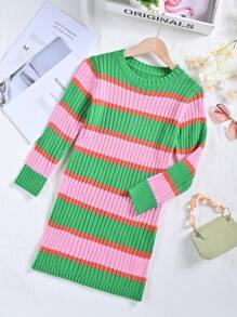 SHEIN Chica preadolescente Vestido de punto de color combinado tejido de canalé - Multicolor - Ver 1