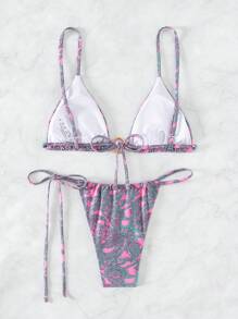 Floral Print Triangle Tie Side Bikini Set - Green - View 2