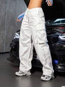 Street Vibes Drawstring Waist Wide Leg Parachute Cargo Jogger Pants - White - View 6