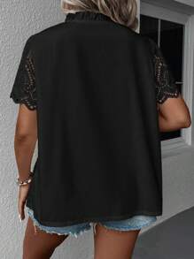 SHEIN Clasi Plus Contrast Guipure Lace Frill Neck Blouse - Black - View 2