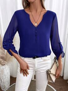 Breezaya 素色紐扣細節捲邊袖高低下擺襯衫 - 藏蓝色 - 查看 6