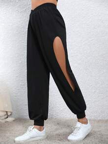 INAWLY Cắt bỏ eo Bất đối xứng Dây thắt lưng Eo Quần thể thao - màu đen - Xem 4