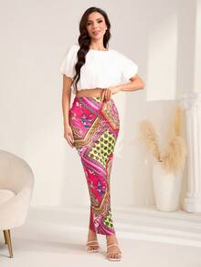 SHEIN LUNE Pañuelo con estampado de retazo Falda de lápiz - Multicolor - Ver 5