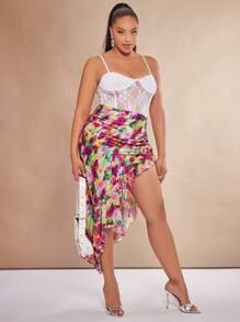 SHEIN BAE Plus Allover Print Ruched Asymmetrical Ruffle Hem Skirt - Multicolor - View 4