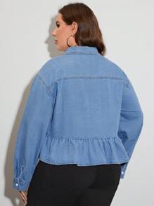 SHEIN LUNE Plus Drop Shoulder Ruffle Hem Denim Blouse - Blue - View 2