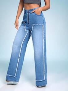 SHEIN ICON Zíper Mosca Acabamento Bruto Perna Larga Jeans - Azul - Ver 4