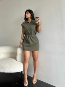 SHEIN Unity Flap Pocket Batwing Sleeve Dress - Army Green - View 5