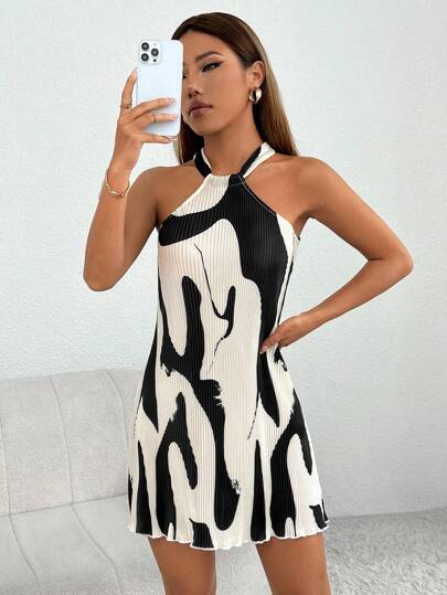 SHEIN PETITE Vestido Curto de Verão com Decote Halter e Recorte Estampado em Folha de Alface