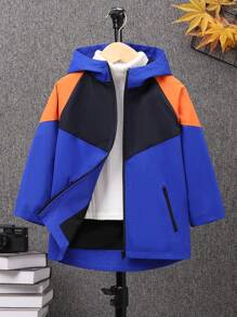 SHEIN 小男孩拼色連帽防水外套 - 彩色 - 查看 1