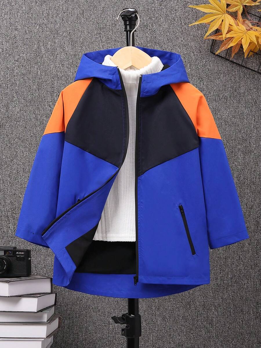 SHEIN 小男孩拼色連帽防水外套 - 彩色 - 查看 1