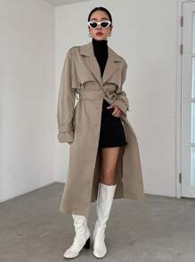 DAZY Solid Color Long Trench Coat, Business Casual,Fall Clothes,Back To School Clothes Women Jacket - Khaki - View 3