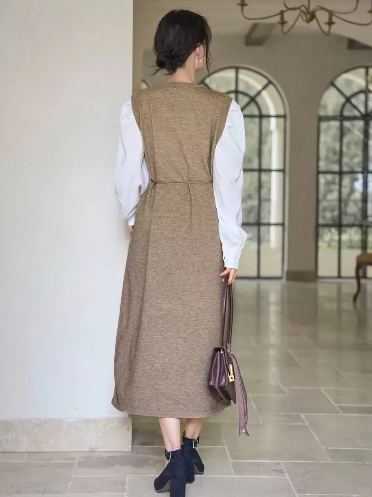 DAZY Vestido de suéter con cinturón de bloques de color, ropa de otoño - Caqui - Añade 2