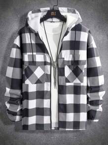 Manfinity Homme 寬鬆版型男士格紋圖案束腰連帽夾克,掉肩設計 - 黑與白 - 查看 3