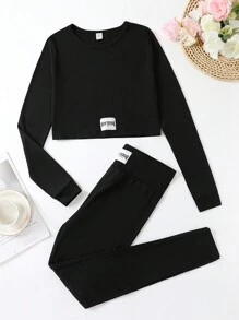 Tween Girl Letter Patched Detail Tee & Pants Snug Fit PJ Set
