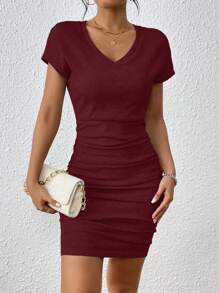 SHEIN Frenchy Figurbetontes Kleid mit Einfarbig geraffter Seite, - Rostige Rose - Übersicht 1