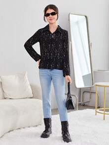 Teen Girls Sequin Button Front Shirt - Black - View 3