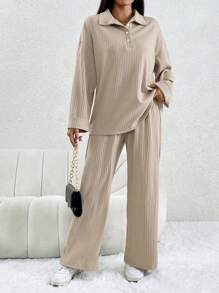 Chiquease Polo領落肩T恤&闊腿褲 - 杏色 - 查看 1