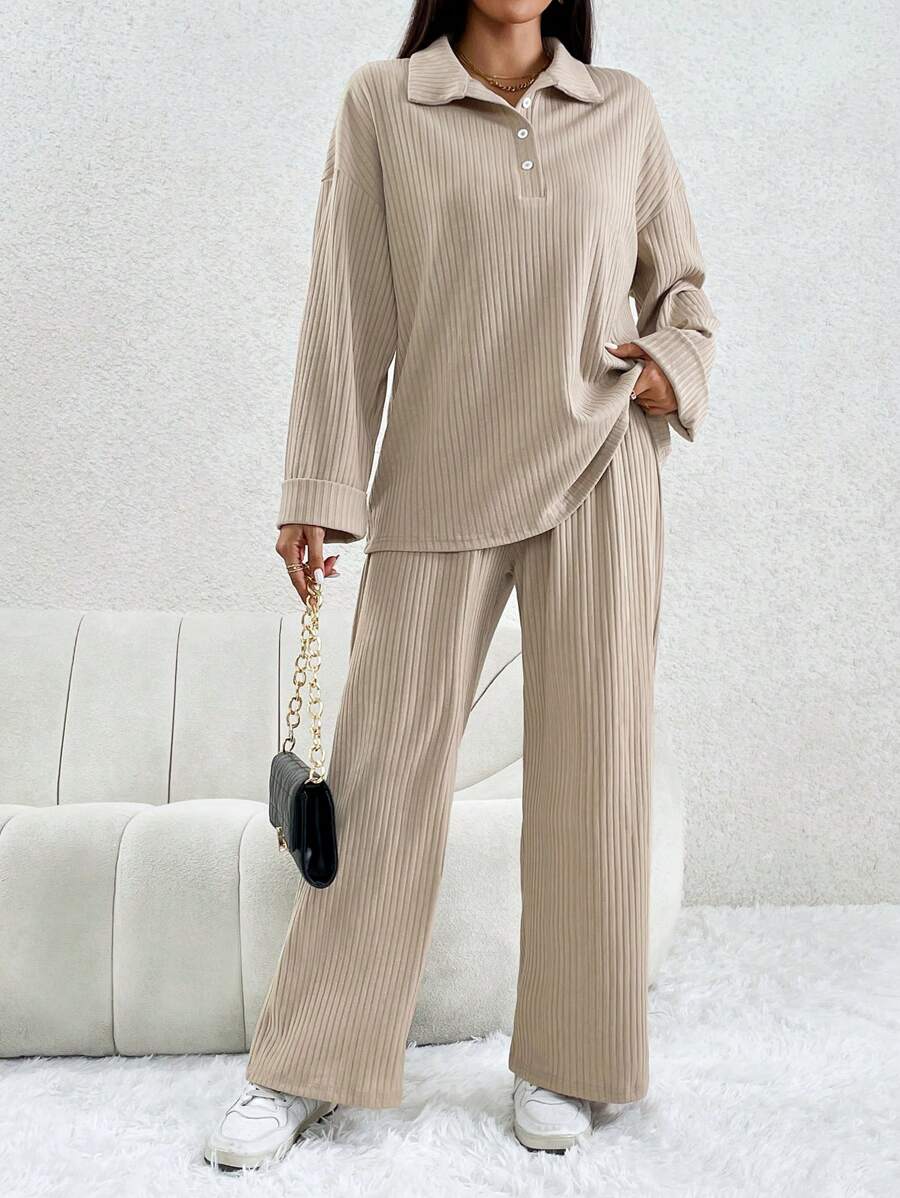 Chiquease Polo領落肩T恤&闊腿褲 - 杏色 - 查看 1