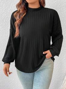 SHEIN Frenchy Talla grande Camiseta unicolor de cuello alto de hombros caídos de canalé - Negro - Ver 4
