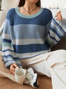 Flirla Plus Colorblock Raglan Sleeve Sweater - Blue - View 1