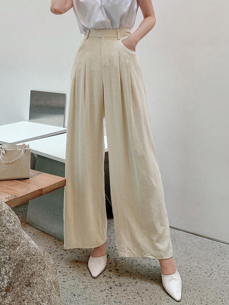 DAZY Solid Plicated Detail Wide Leg Pants - Apricot - View 1