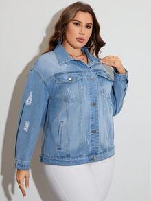 SHEIN Privé Plus Ripped Flap Pocket Denim Jacket - Medium Wash - View 5