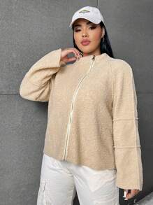 SHEIN EZwear Hơn Dây kéo Tay Raglan Áo Teddy Jackets - Màu be - Xem 5
