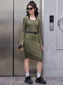 青少年女孩聖誕節純色羅紋針織連身裙（無腰帶）