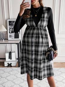 SHEIN Maternity Plaid Print Overall Dress Without Tee - Black - View 5