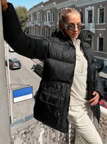 EURMUSE Flap Pocket Hooded Puffer Coat - Black - View 3