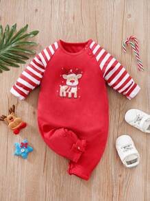 Baby Girl Striped & Christmas Print Raglan Sleeve Jumpsuit - Red - View 1