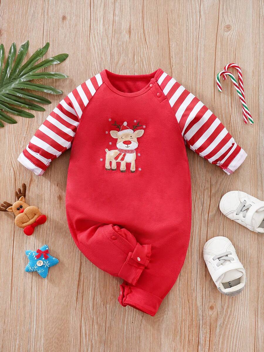 Baby Girl Striped & Christmas Print Raglan Sleeve Jumpsuit - Red - View 1