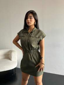 SHEIN Unity Flap Pocket Batwing Sleeve Dress - Army Green - View 3