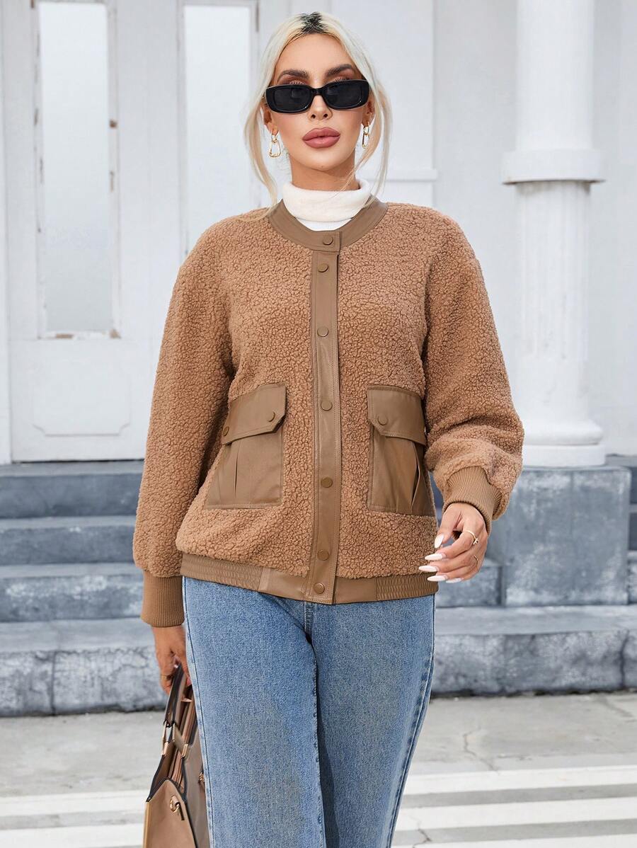 SHEIN Essnce 翻蓋口袋落肩袖毛絨夾克 - 卡其色 - 查看 1