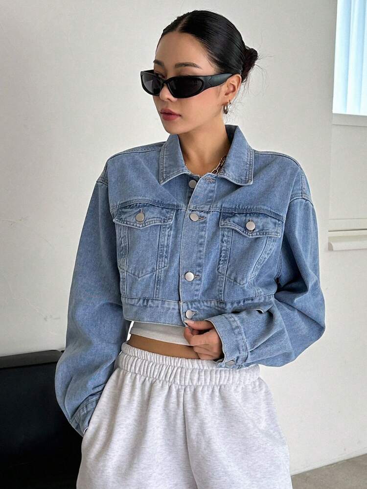 Flap Pocket Drop Shoulder Crop Denim Jacket,Fall Clothes