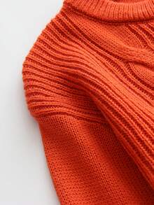 SHEIN 時尚簡約風格女童粗絞花針織扭繩套頭毛衣 - 橘色 - 查看 5