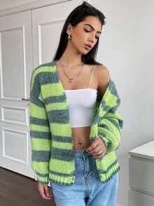 SHEIN Qutie Striped Pattern Drop Shoulder Cardigan - Multicolor - View 5