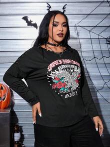 SHEIN Coolane 大碼鷹和字母圖案落肩袖T恤 - 黑色 - 查看 5