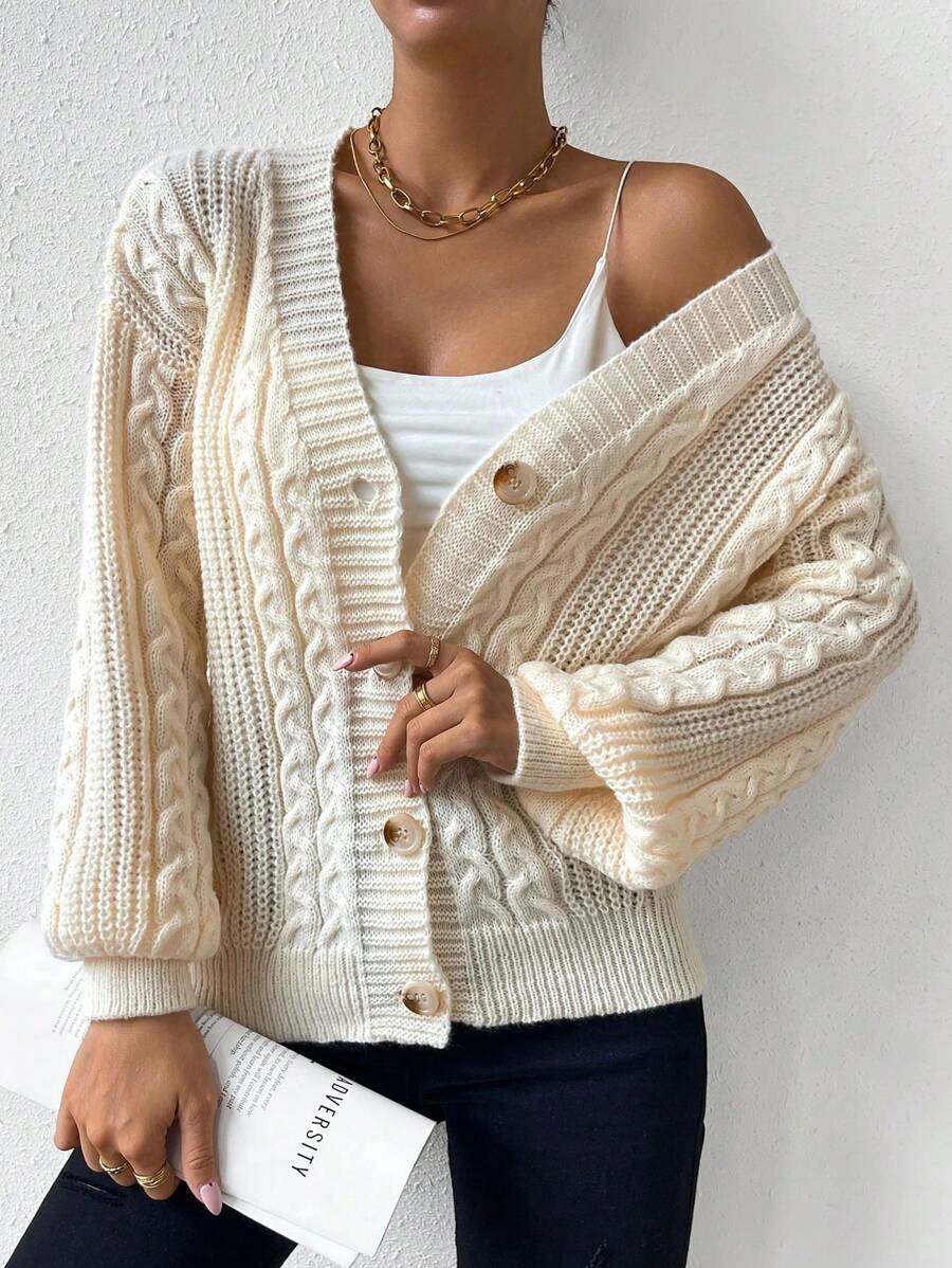 SHEIN Unity Cable Knit Drop Shoulder Cardigan - Apricot - View 1