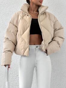 EURMUSE Slant Pocket Zip Up Puffer Coat - Beige - View 4