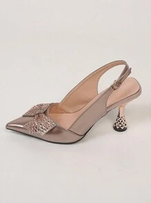 Women's Pointed Toe High Heel Pumps, Fashionable Stiletto Heel Bow & Rhinestone Decoration - Rượu sâm banh - Xem 5