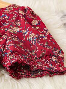 Calvaya Plus Summer Ditsy Floral Print Puff Sleeve Dress - Red - View 5